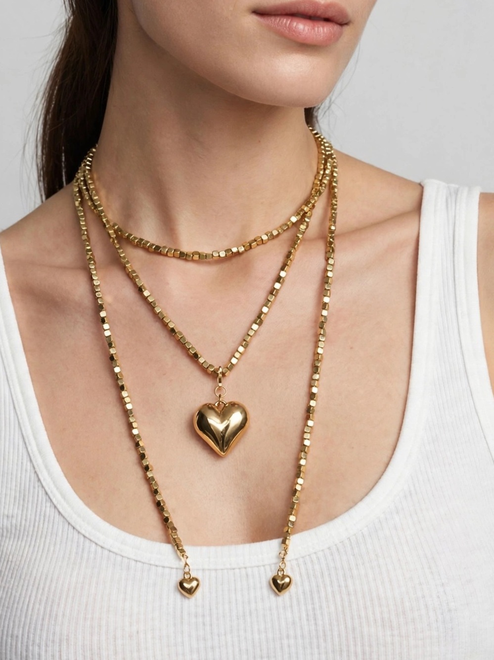 Convertible Gold Cube Bead Necklace/ Layered Lariat with Removable Puff Heart